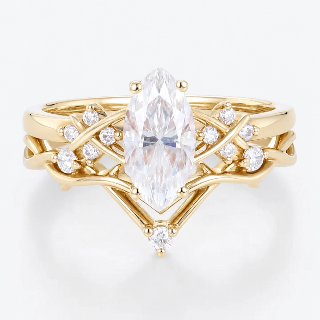 1ct Marquise Cut Lab Grown Diamond Infinity Bridal Ring Set with Three-Stone Contour Band in Rose Gold
