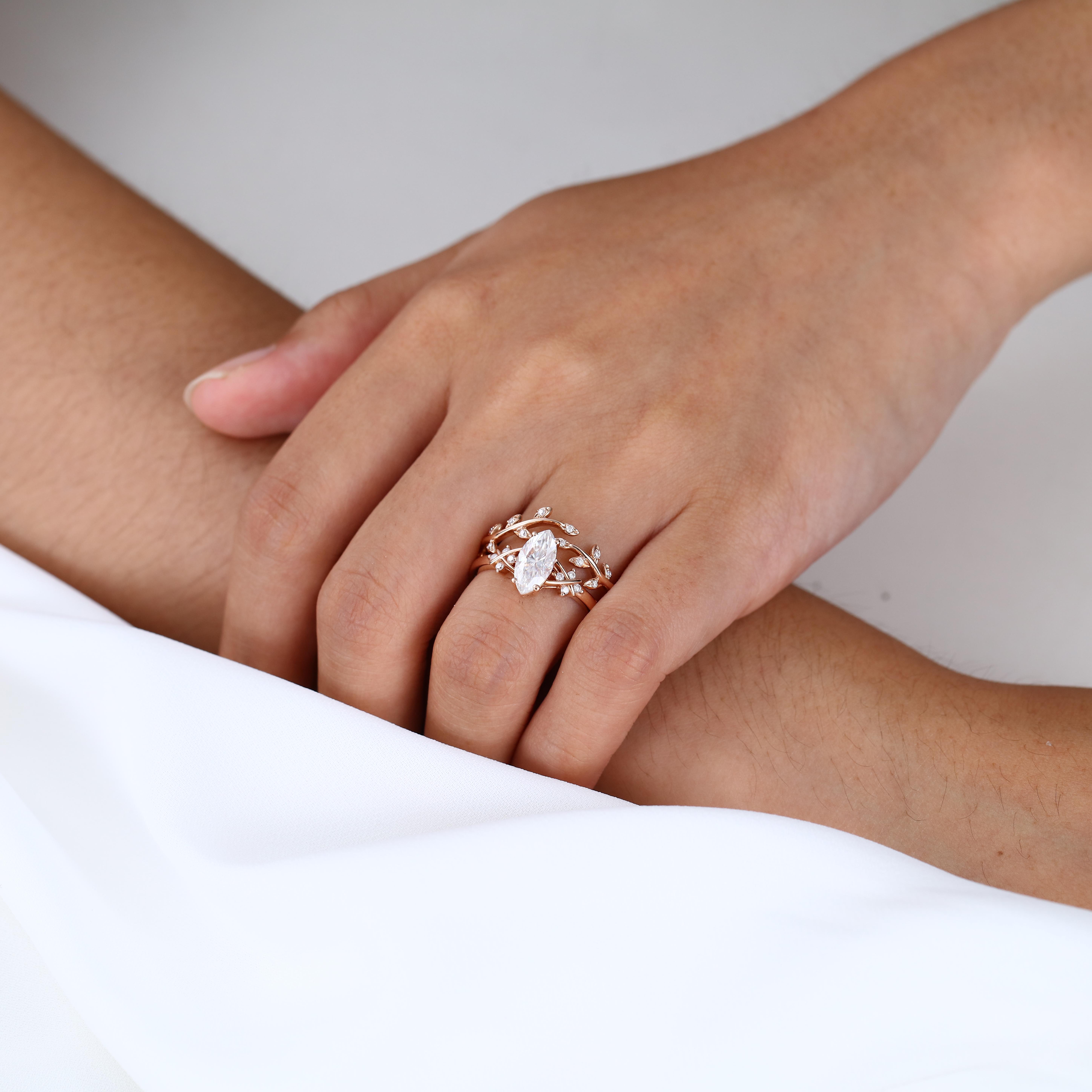 Marquise Cut Lab Diamond Engagement Rings with Whimsical Leaf Wedding Ring Sets (2)