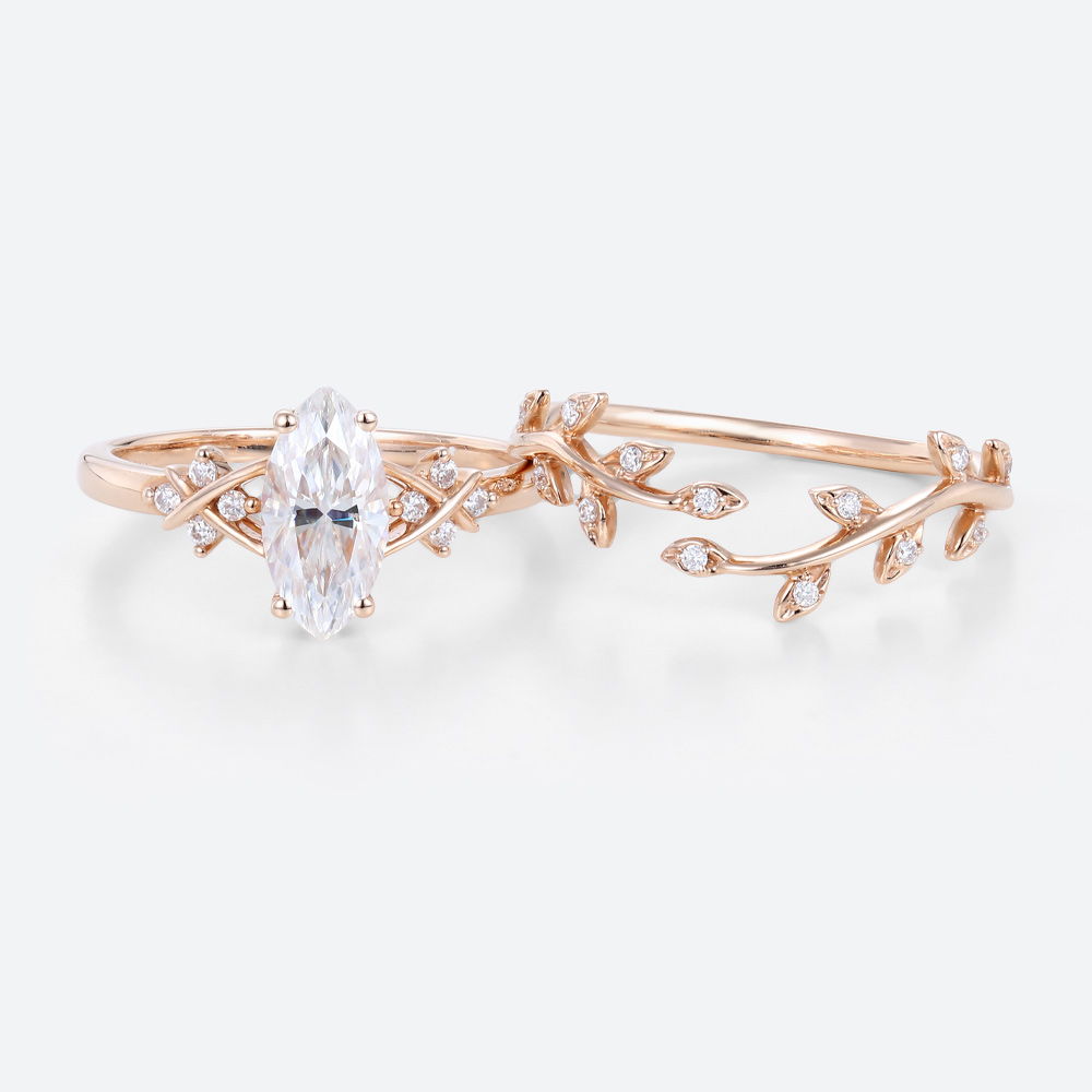 Marquise Cut Lab Diamond Engagement Rings with Whimsical Leaf Wedding Ring Sets (3)