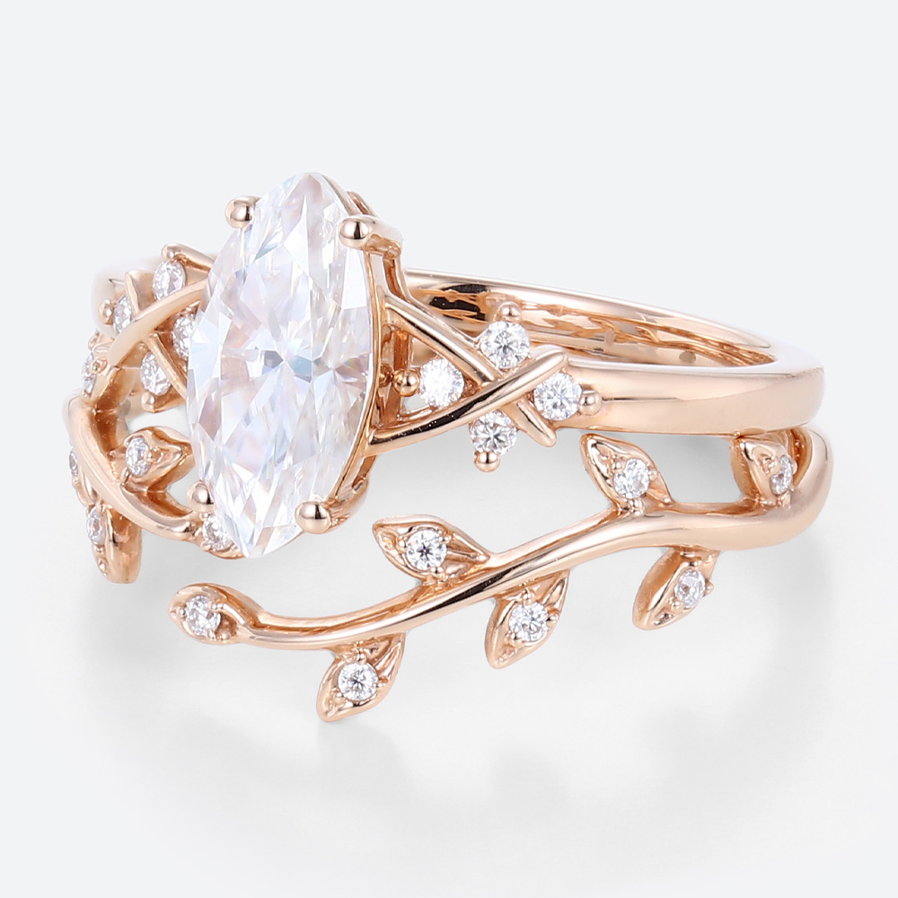 Marquise Cut Lab Diamond Engagement Rings with Whimsical Leaf Wedding Ring Sets (4)