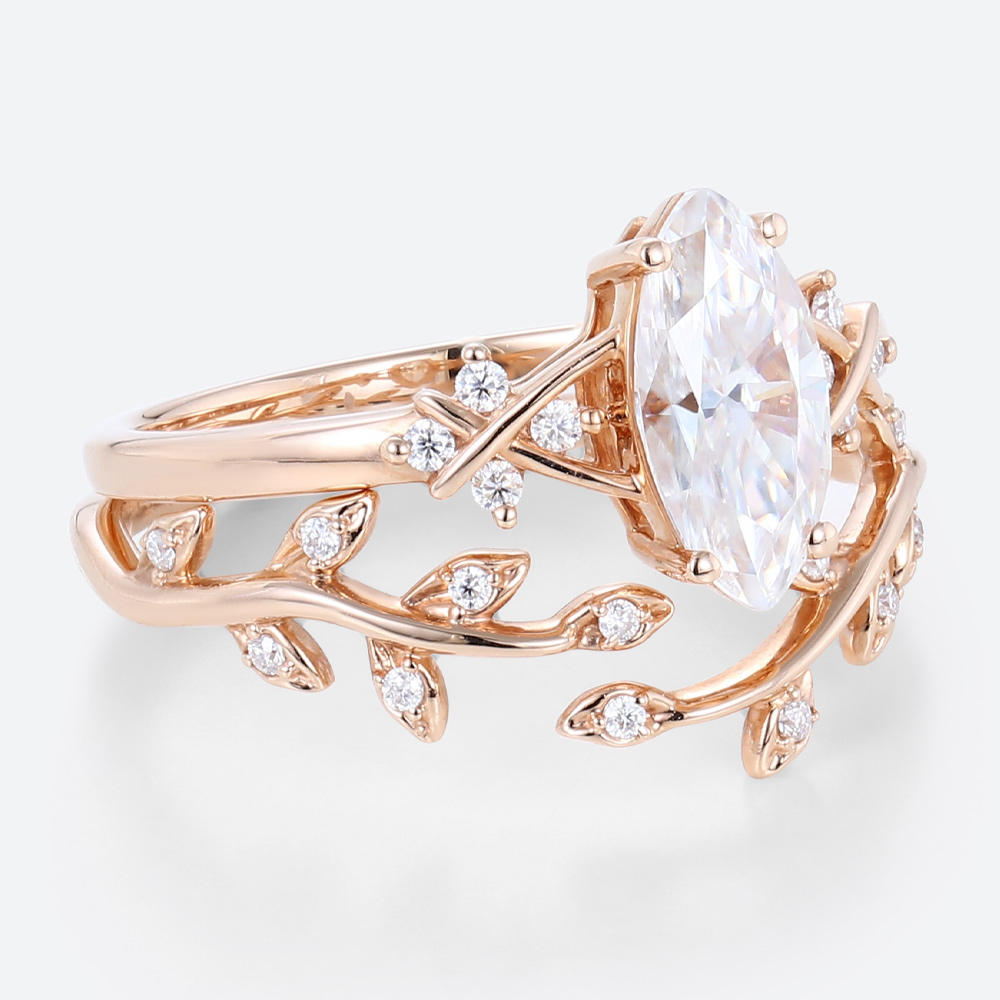 Marquise Cut Lab Diamond Engagement Rings with Whimsical Leaf Wedding Ring Sets (5)