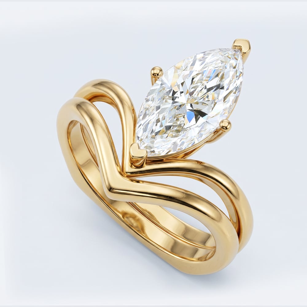 Marquise Cut Lab Diamond Minimalist V Shaped Solitaire Engagement Ring Set