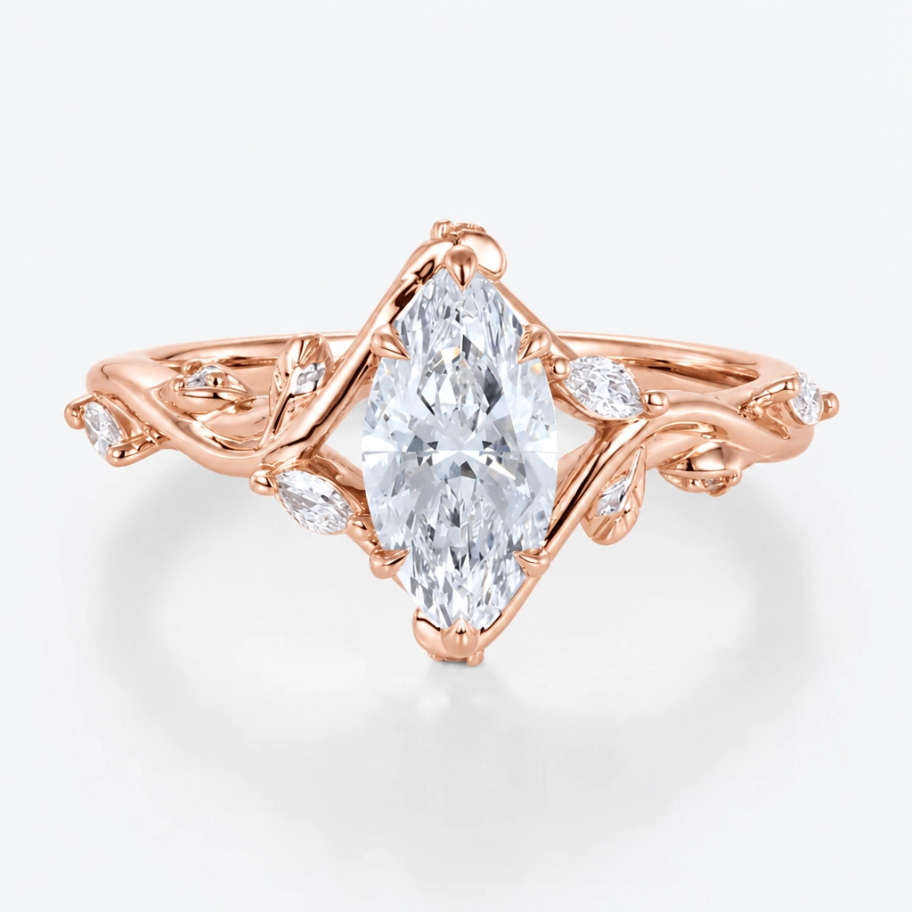 1ct Marquise Cut Lab Grown Diamond Nature-Inspired Side-Stone Engagement Ring in White Gold