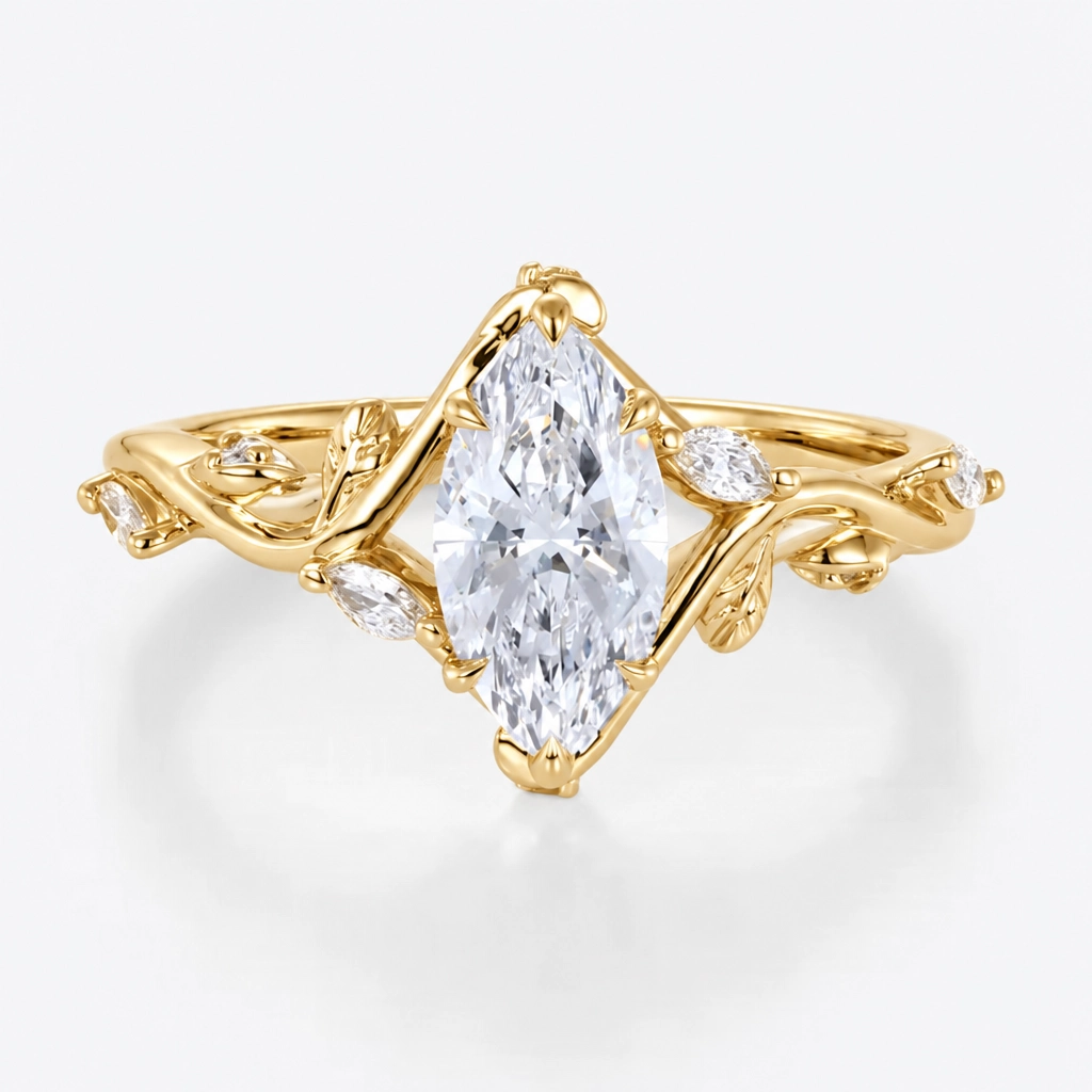 1ct Marquise Cut Lab Grown Diamond Nature-Inspired Side-Stone Engagement Ring in White Gold