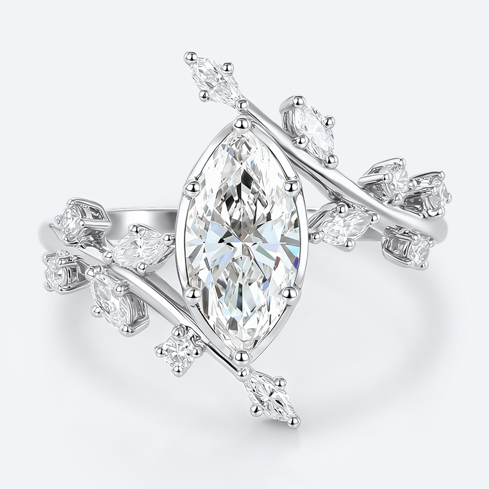 1ct Marquise Cut Lab Grown Diamond Ring Bypass Leaf 6-Prong Engagement Ring in White Gold