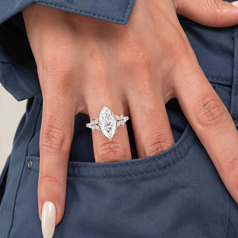 Marquise Cut Lab Grown Diamond Floral Petal Design 6-Prong Engagement Ring in Yellow Gold (2)
