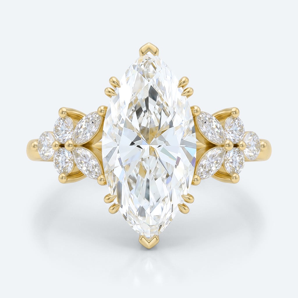 Marquise Cut Lab Grown Diamond Floral Petal Design 6-Prong Engagement Ring in Yellow Gold (6)