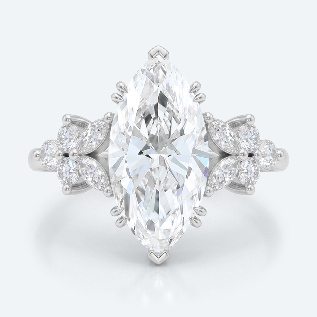 Marquise Cut Lab Grown Diamond Floral Petal Design 6-Prong Engagement Ring in Yellow Gold (7)