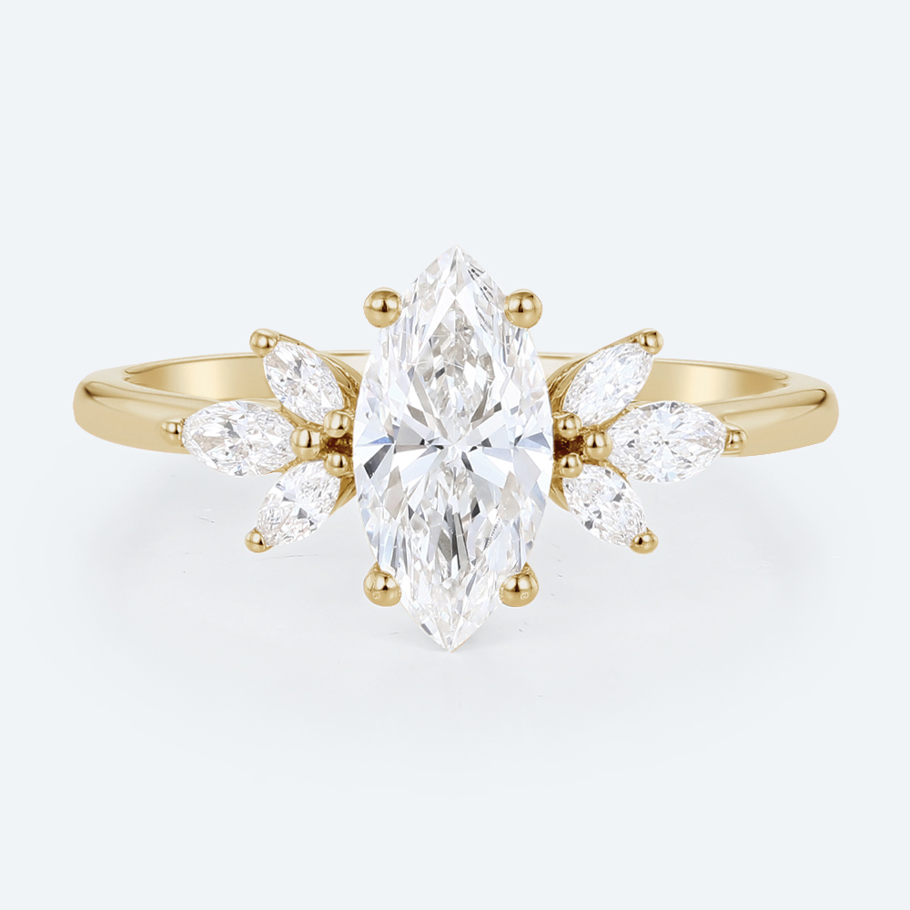 1ct Marquise Cut Lab Created Diamond Rings​​ Unique 4-Prong Ring in Yellow Gold