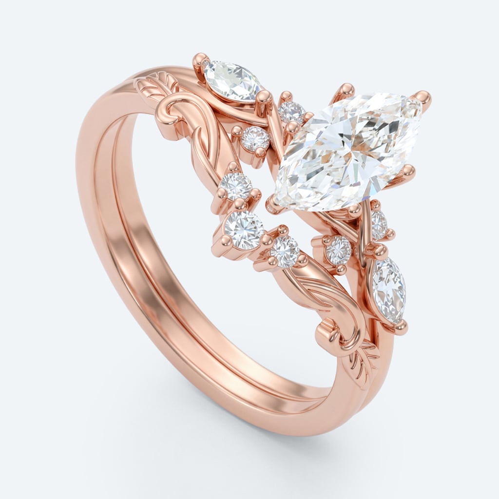 Marquise Cut Lab Grown Diamond Vintage Inspired Filigree Bridal Ring Set (3)