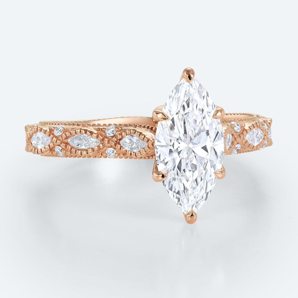 Vintage Marquise Cut Lab Diamond Ring | Milgrain Filigree Band in Rose Gold