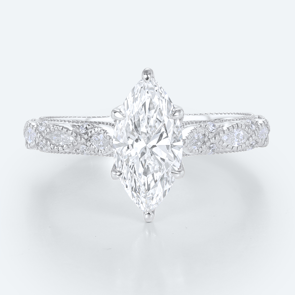 Vintage Marquise Cut Lab Diamond Ring | Milgrain Filigree Band in White Gold