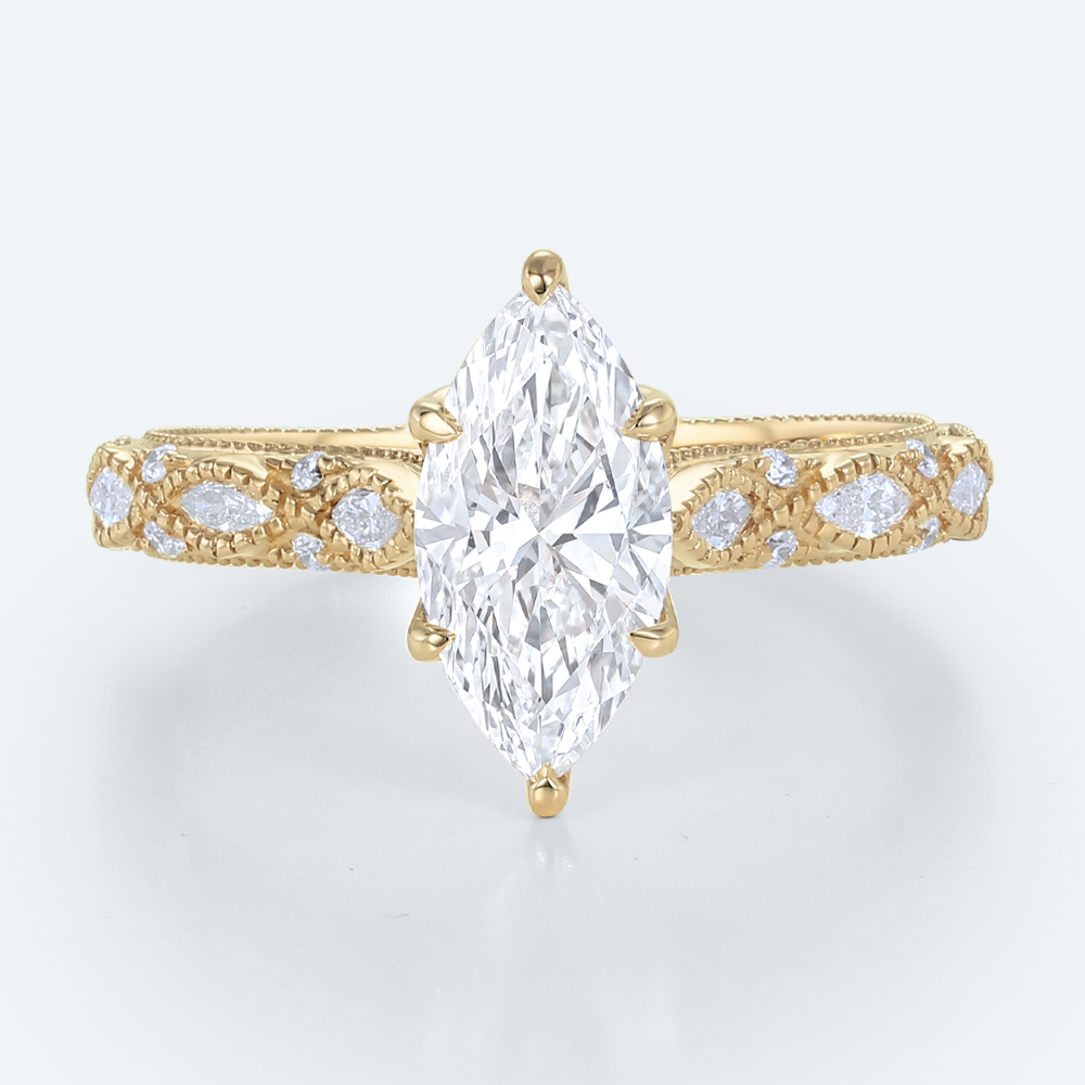 Vintage Marquise Cut Lab Diamond Ring | Milgrain Filigree Band in Yellow Gold