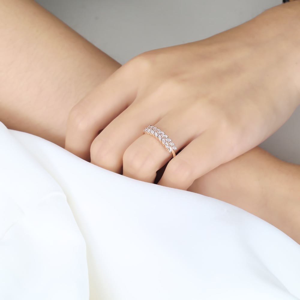 Double Layer Lab Diamond Rings 0.54ct Marquise Cut Lab Grown Diamond Stacking Wedding Band in Rose Gold