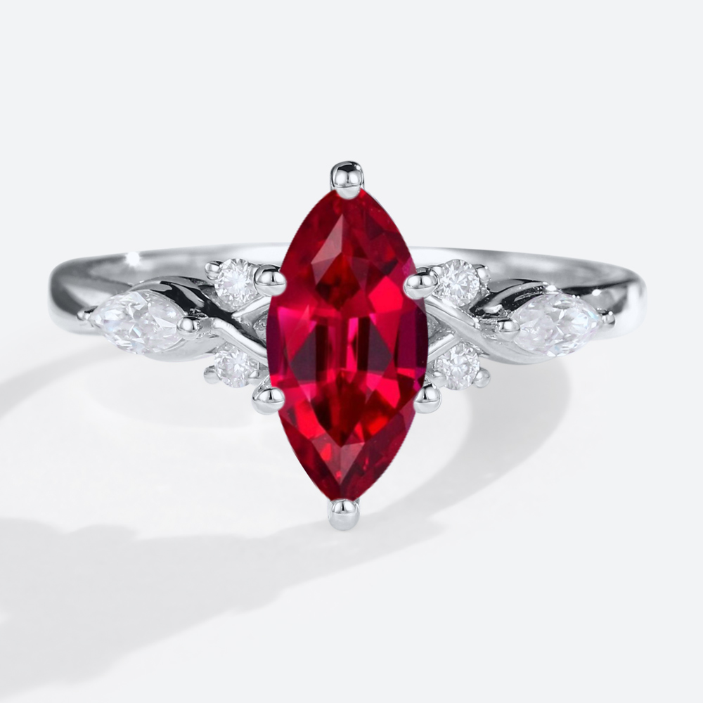 Marquise Cut Lab Ruby Ring 1ct Cluster Elegant Engagement Ring in White Gold
