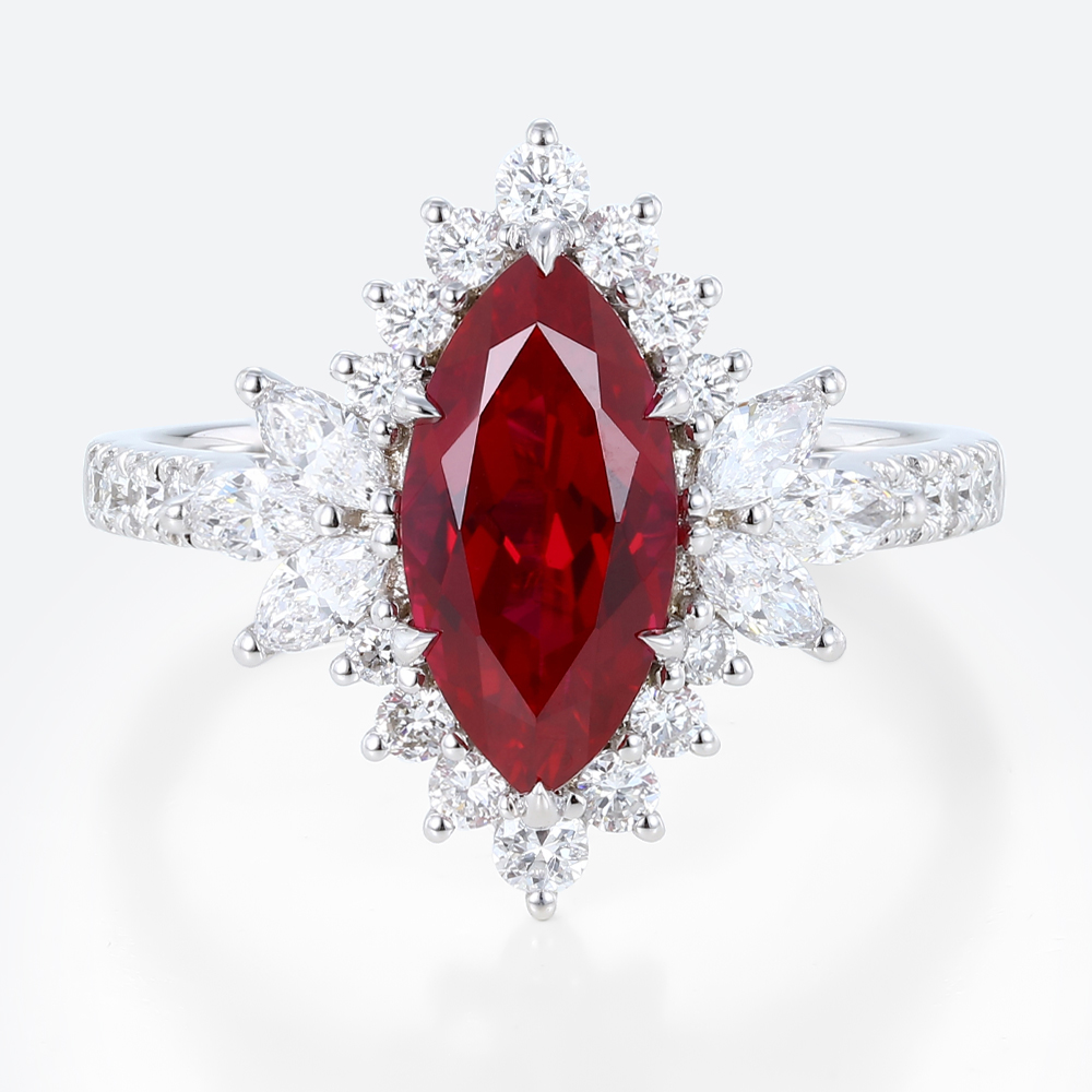 Marquise Cut Lab Ruby Engagement Ring with Feather-Inspired Gallery in White Gold