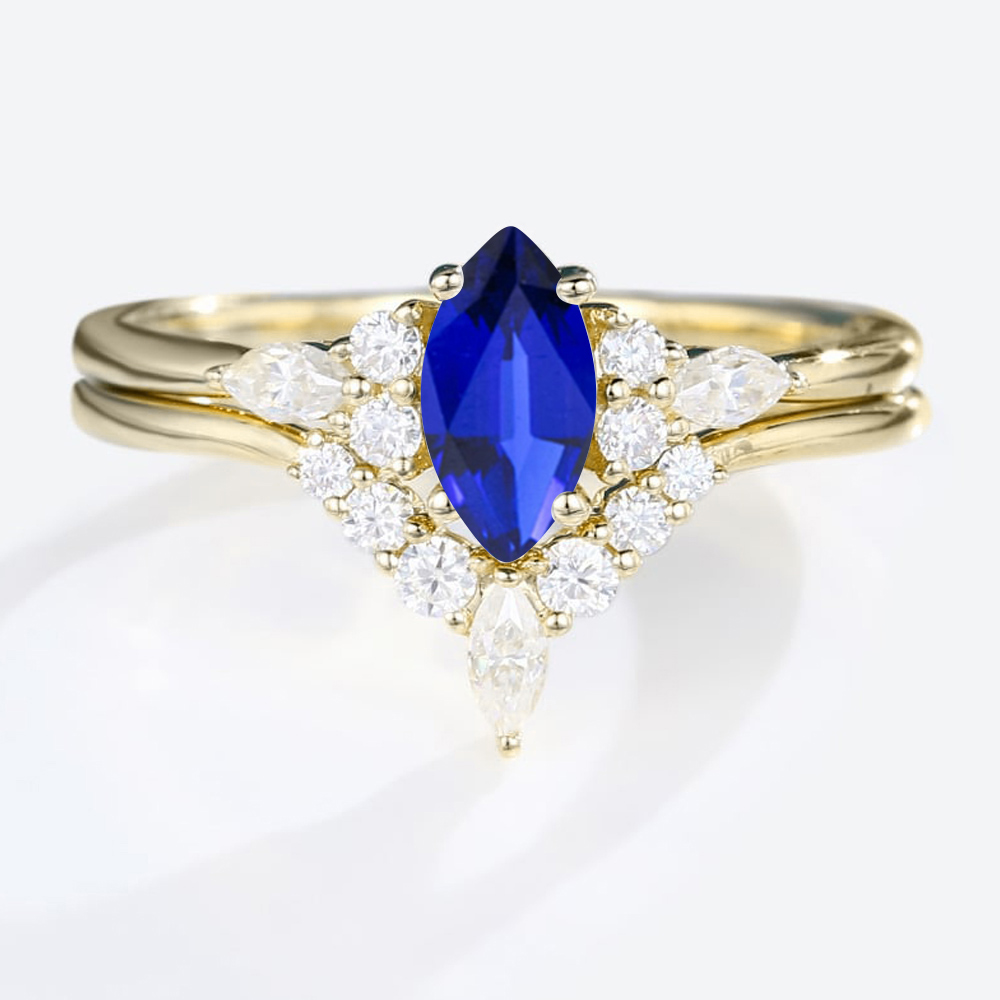 Holiday Proposal Marquise Cut Lab Sapphire Rings Set with Curved Wedding Band in Yellow Gold