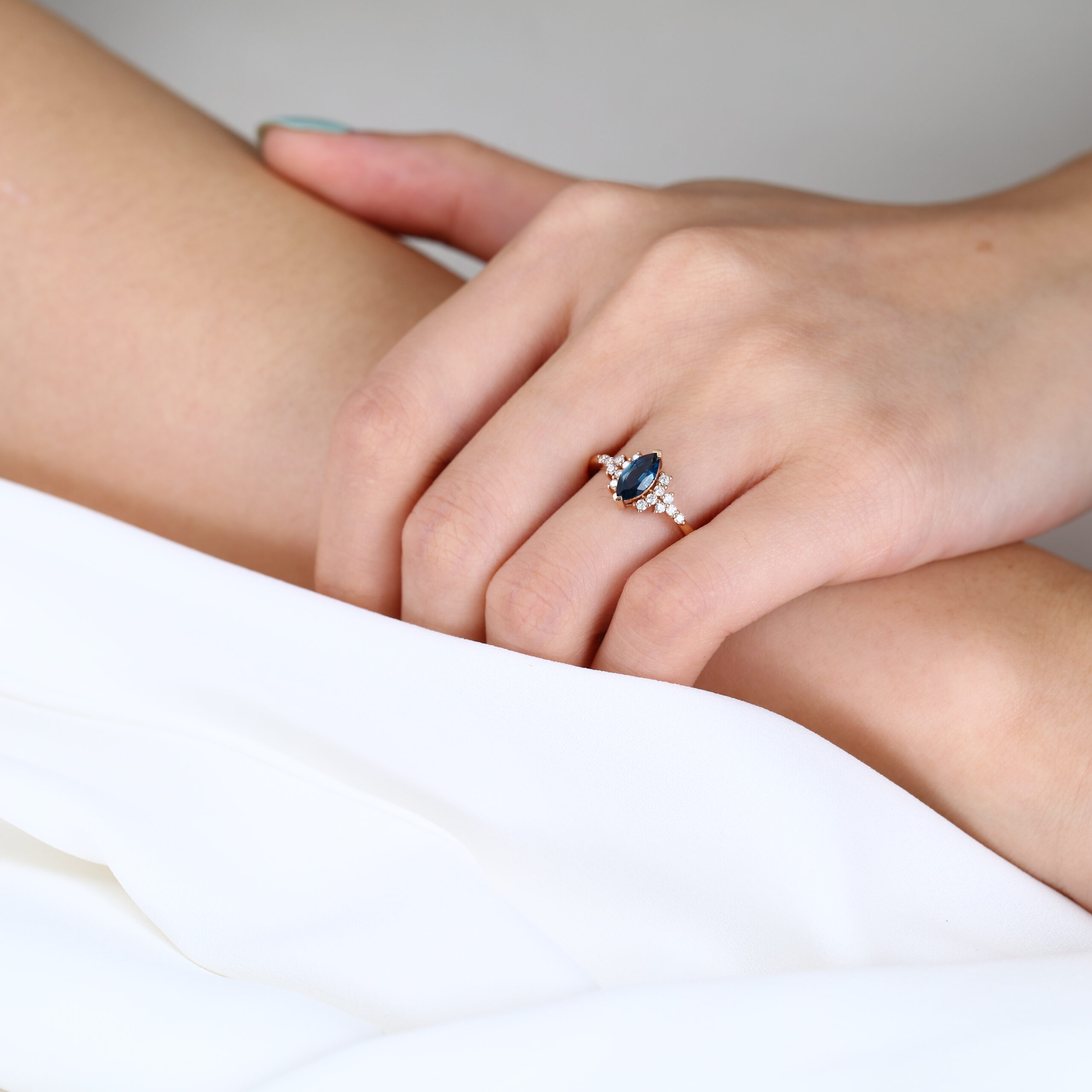 London Blue Topaz Engagement Rings Rose Gold Marquise Promise Ring
