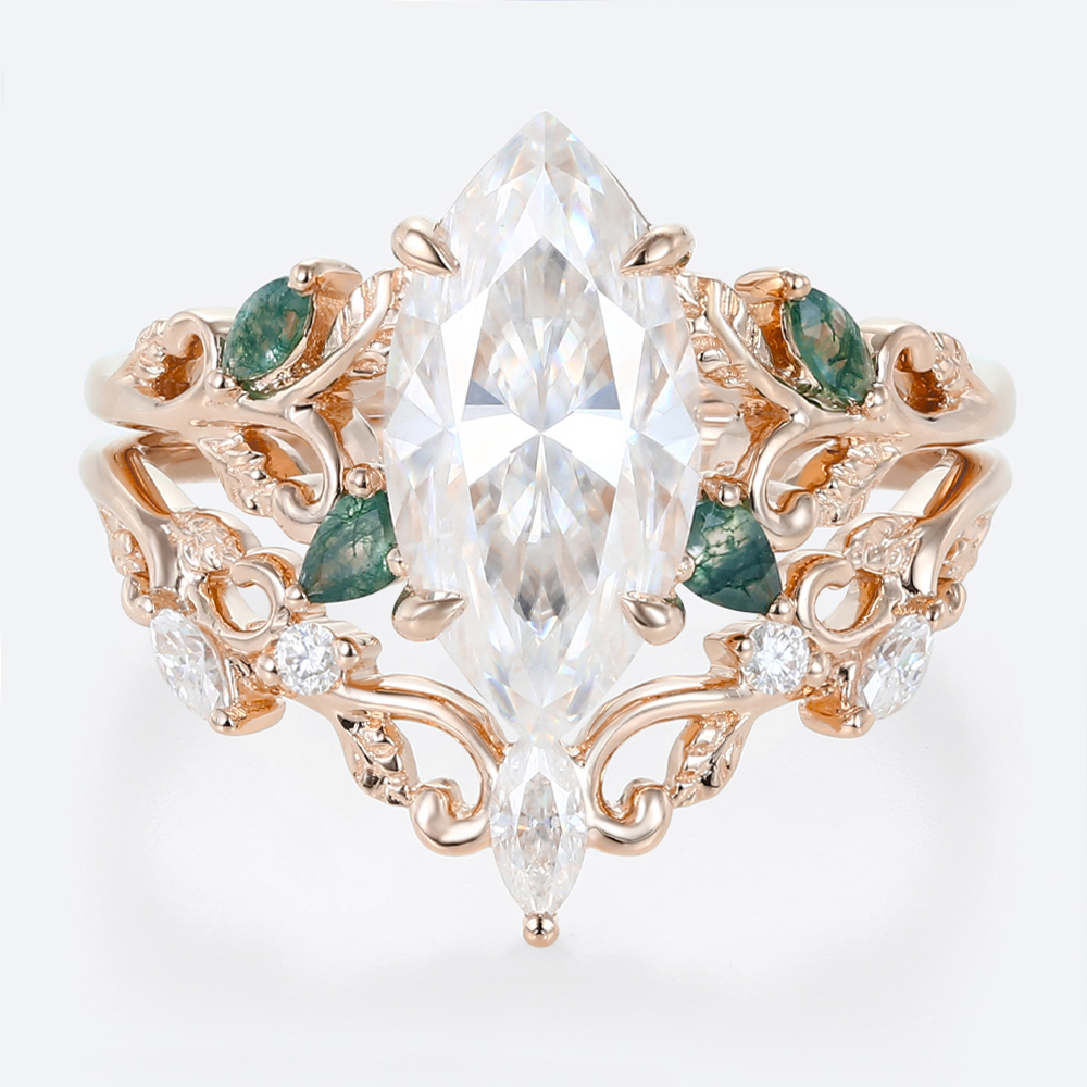 2ct Marquise Moissanite Ring Set with Nature-Inspired Scrollwork in Rose Gold