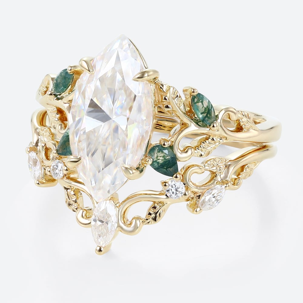 2ct Marquise Moissanite Ring Set with Nature-Inspired Scrollwork in Yellow Gold