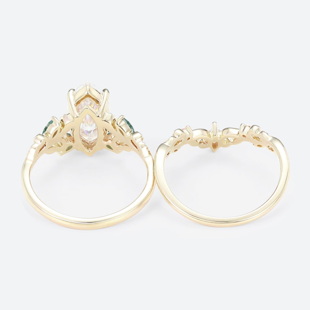 2ct Marquise Moissanite Ring Set with Nature-Inspired Scrollwork in Yellow Gold