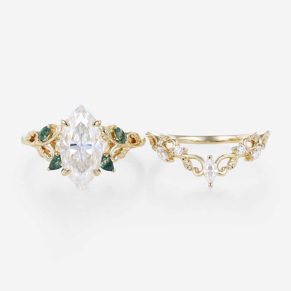 2ct Marquise Moissanite Ring Set with Nature-Inspired Scrollwork in Yellow Gold