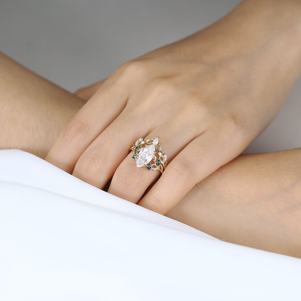 2ct Marquise Moissanite Ring Set with Nature-Inspired Scrollwork in Yellow Gold