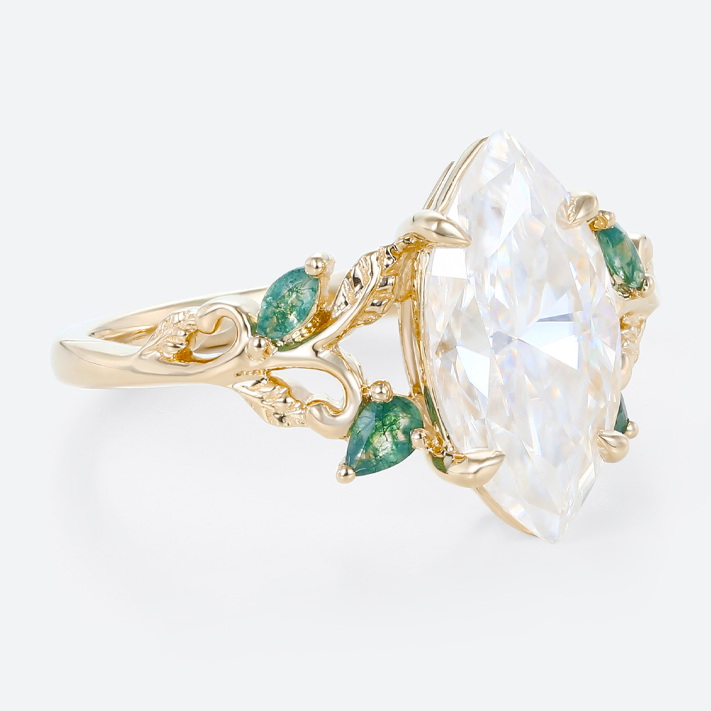 2 Carat Marquise Cut Moissanite Ring with Scrollwork Leaf Accents in Yellow Gold