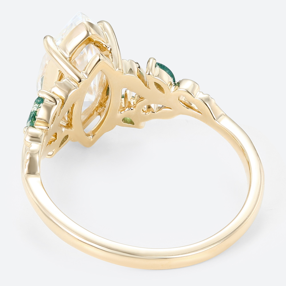 2 Carat Marquise Cut Moissanite Ring with Scrollwork Leaf Accents in Yellow Gold