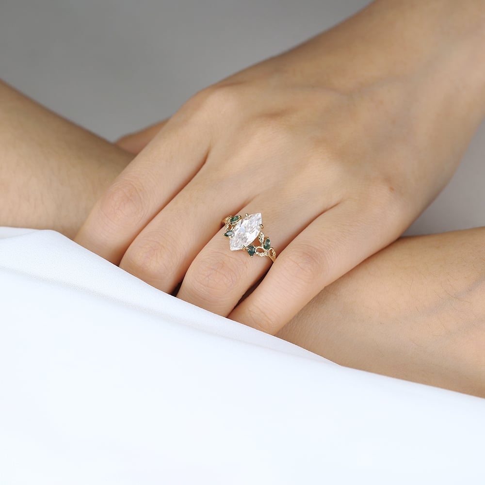 2 Carat Marquise Cut Moissanite Ring with Scrollwork Leaf Accents in Yellow Gold