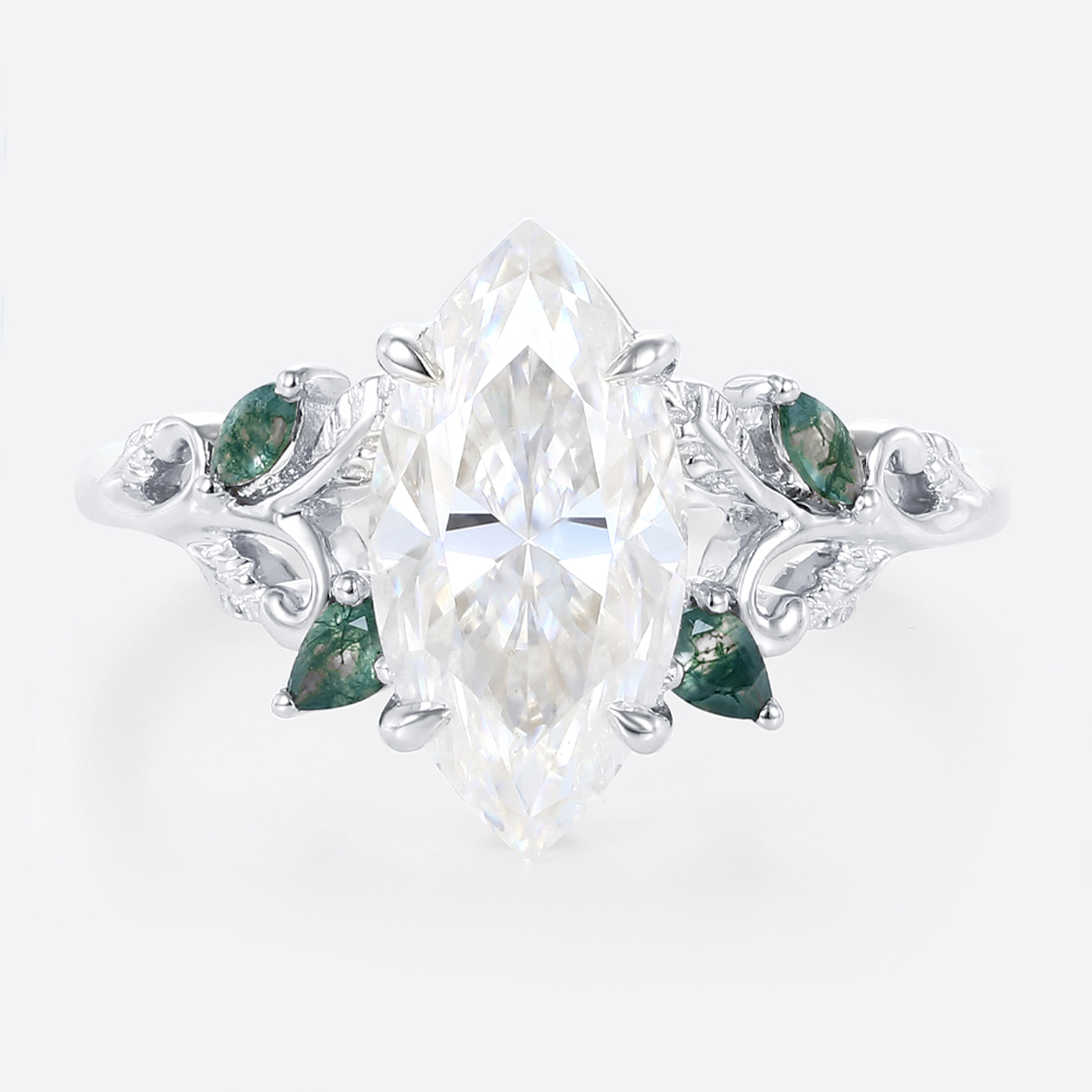 2 Carat Marquise Cut Moissanite Ring with Scrollwork Leaf Accents in White Gold