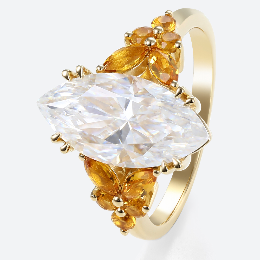 Marquise Cut Moissanite Ring​ Floral Cluster with Citrine Accents in Yellow Gold