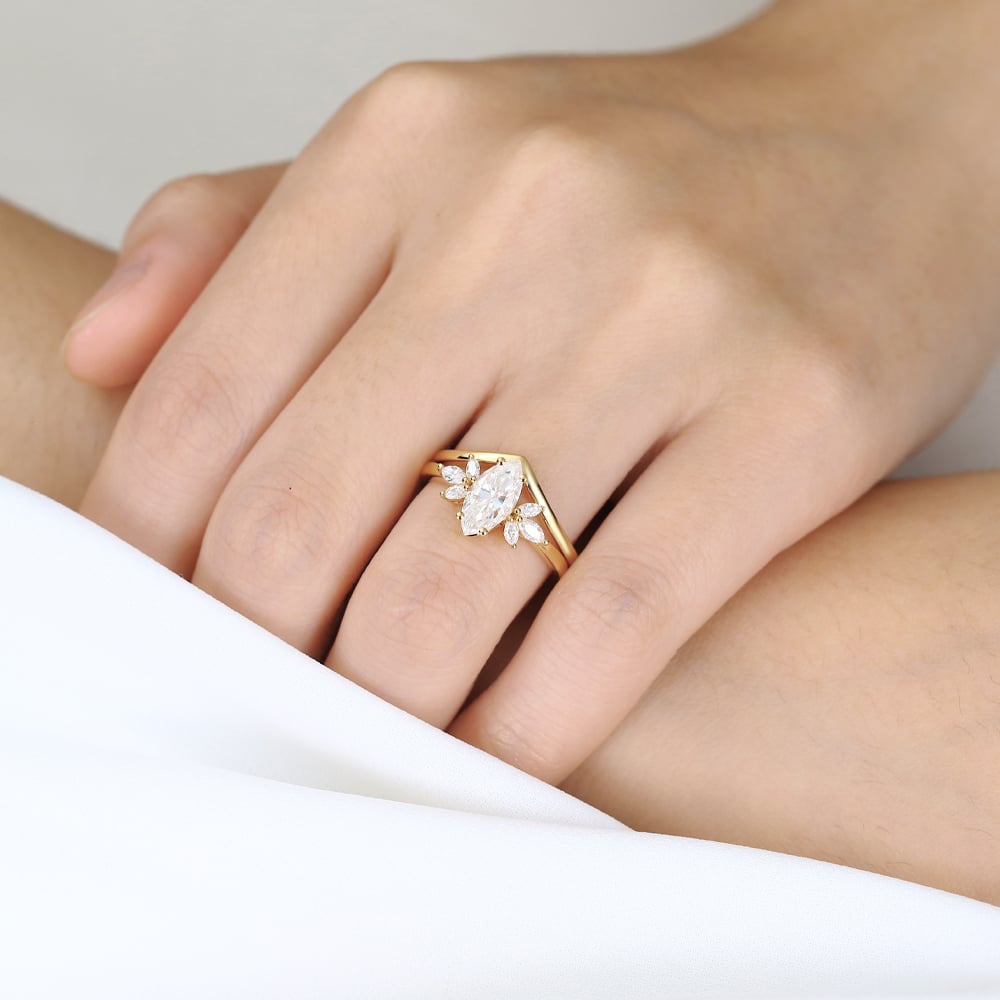 Moissanite Wedding Ring Sets​ Yellow Gold Marquise Bridal Set Rings