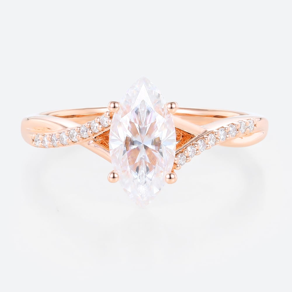 Marquise Moissanite Bridal Ring Ribbon Swirl Engagement Rings in Rose Gold