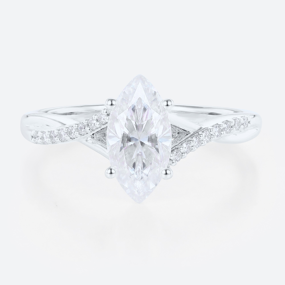Marquise Moissanite Bridal Ring Ribbon Swirl Engagement Rings in White Gold
