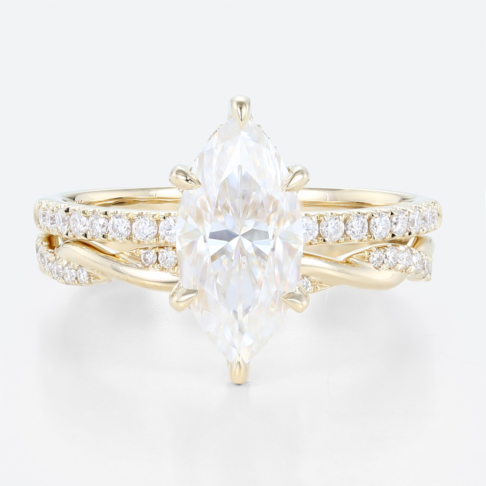 1.5ct Marquise Moissanite Pavé Ring Set with Fully Twisted Band in Yellow Gold