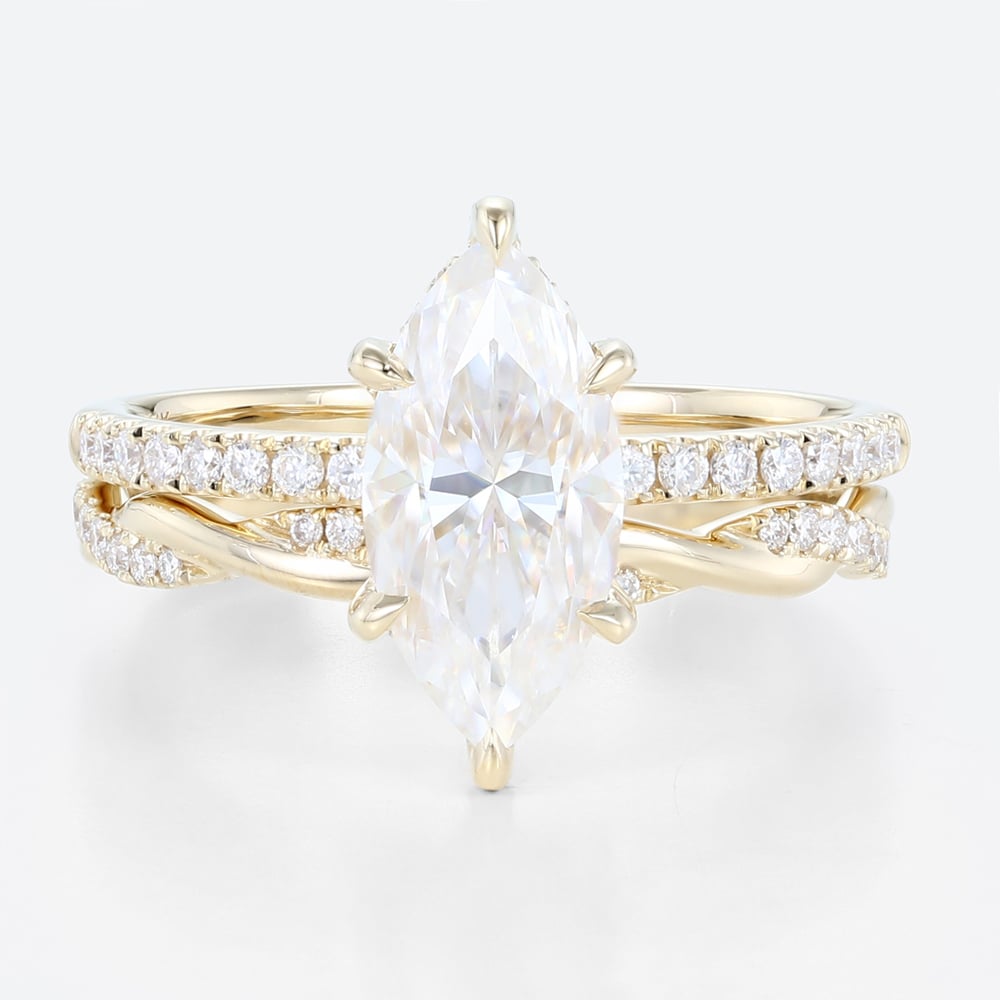 1.5ct Marquise Moissanite Pavé Ring Set with Fully Twisted Band in Yellow Gold