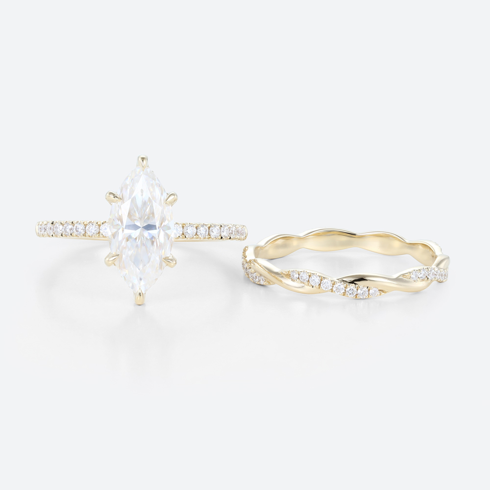 1.5ct Marquise Moissanite Pavé Ring Set with Fully Twisted Band in Yellow Gold
