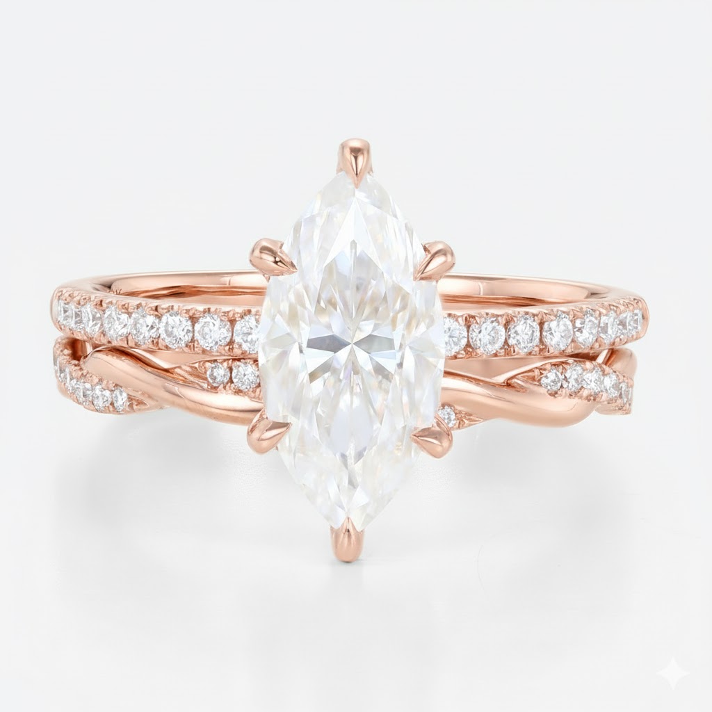 1.5ct Marquise Moissanite Pavé Ring Set with Fully Twisted Band in Rose Gold