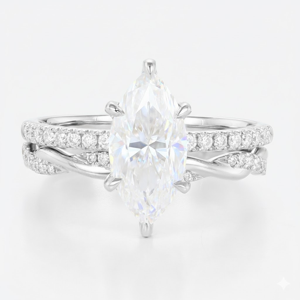 1.5ct Marquise Moissanite Pavé Ring Set with Fully Twisted Band in White Gold