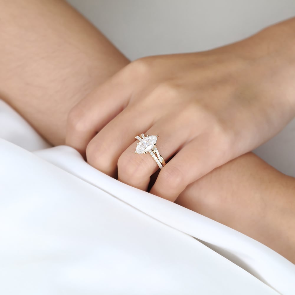 1.5ct Marquise Moissanite Pavé Ring Set with Fully Twisted Band in Yellow Gold