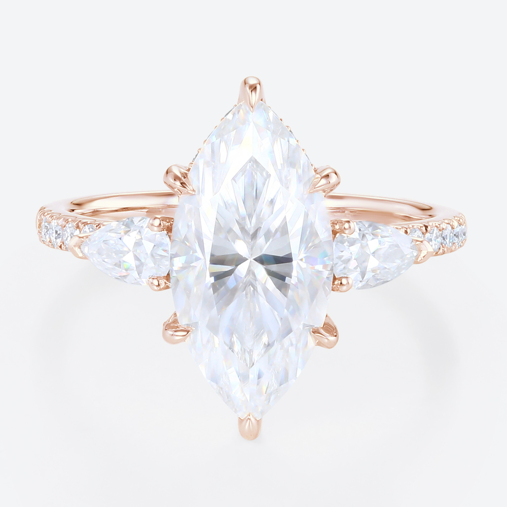 Marquise 2 Carat Moissanite Ring​ Promise Ring with Hidden Halo in Rose Gold