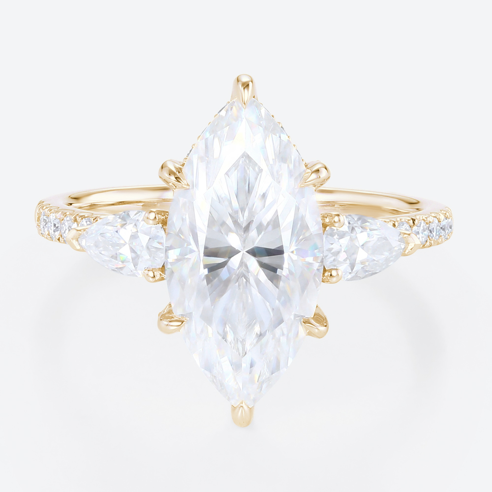 Marquise 2 Carat Moissanite Ring​ Promise Ring with Hidden Halo in Yellow Gold