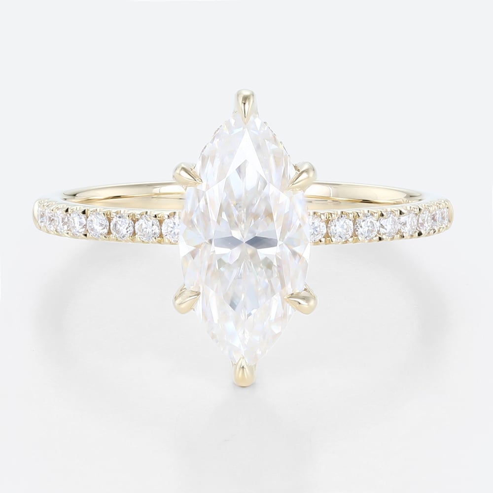 1.5ct Marquise Moissanite Ring Pavé Engagement Rings 6-Claw Prong in Yellow Gold