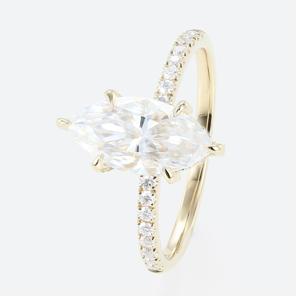 1.5ct Marquise Moissanite Ring Pavé Engagement Rings 6-Claw Prong in Yellow Gold