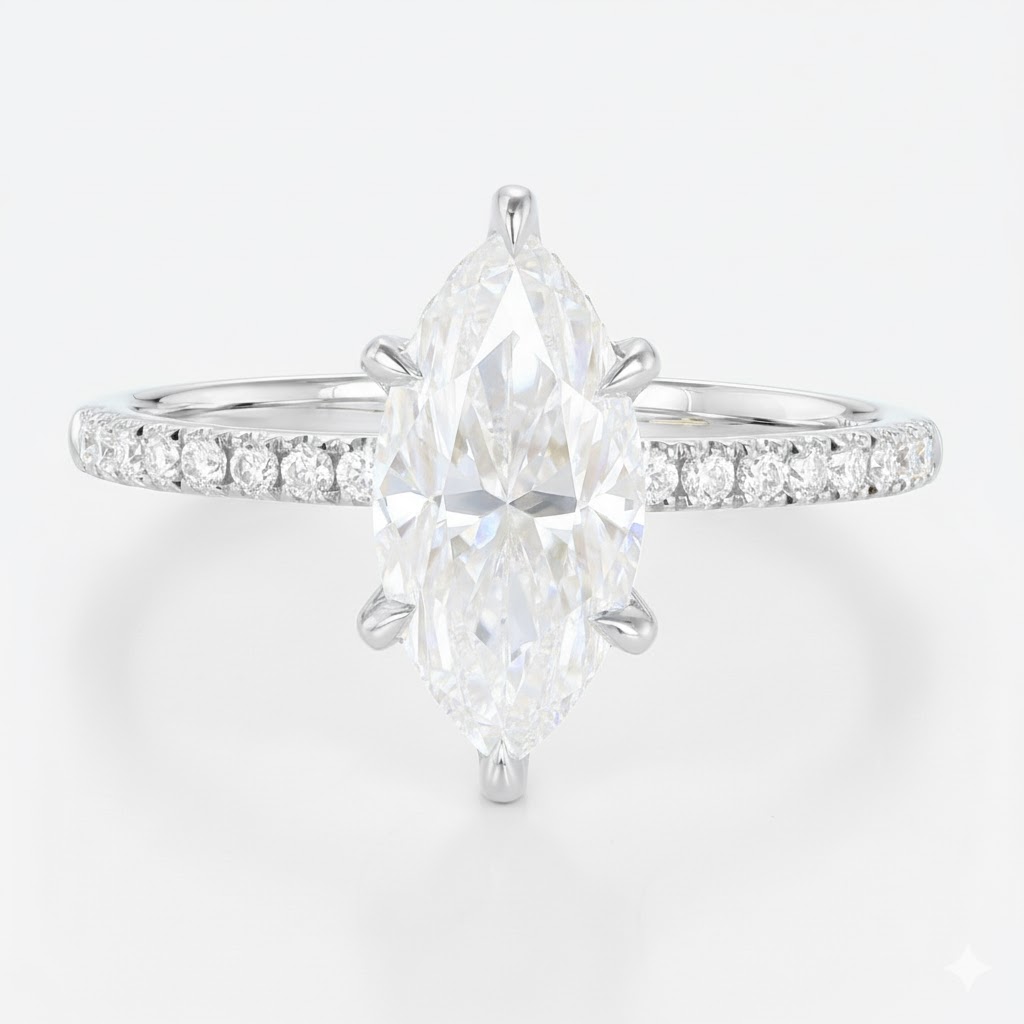 1.5ct Marquise Moissanite Ring Pavé Engagement Rings 6-Claw Prong in White Gold