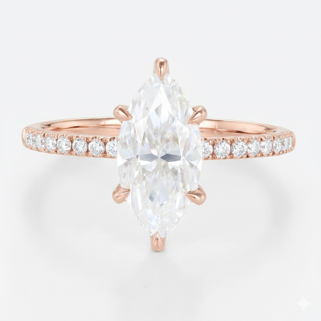 1.5ct Marquise Moissanite Ring Pavé Engagement Rings 6-Claw Prong in Rose Gold