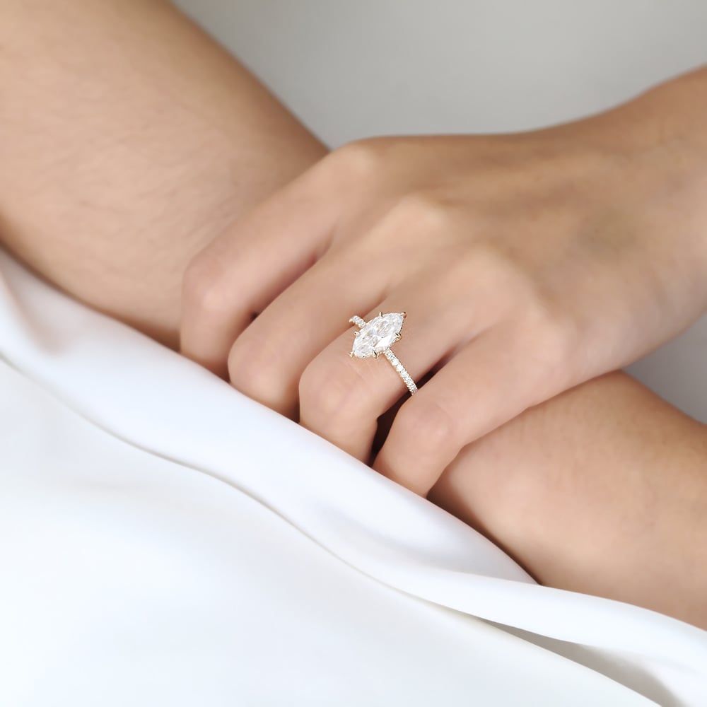 1.5ct Marquise Moissanite Ring Pavé Engagement Rings 6-Claw Prong in Yellow Gold