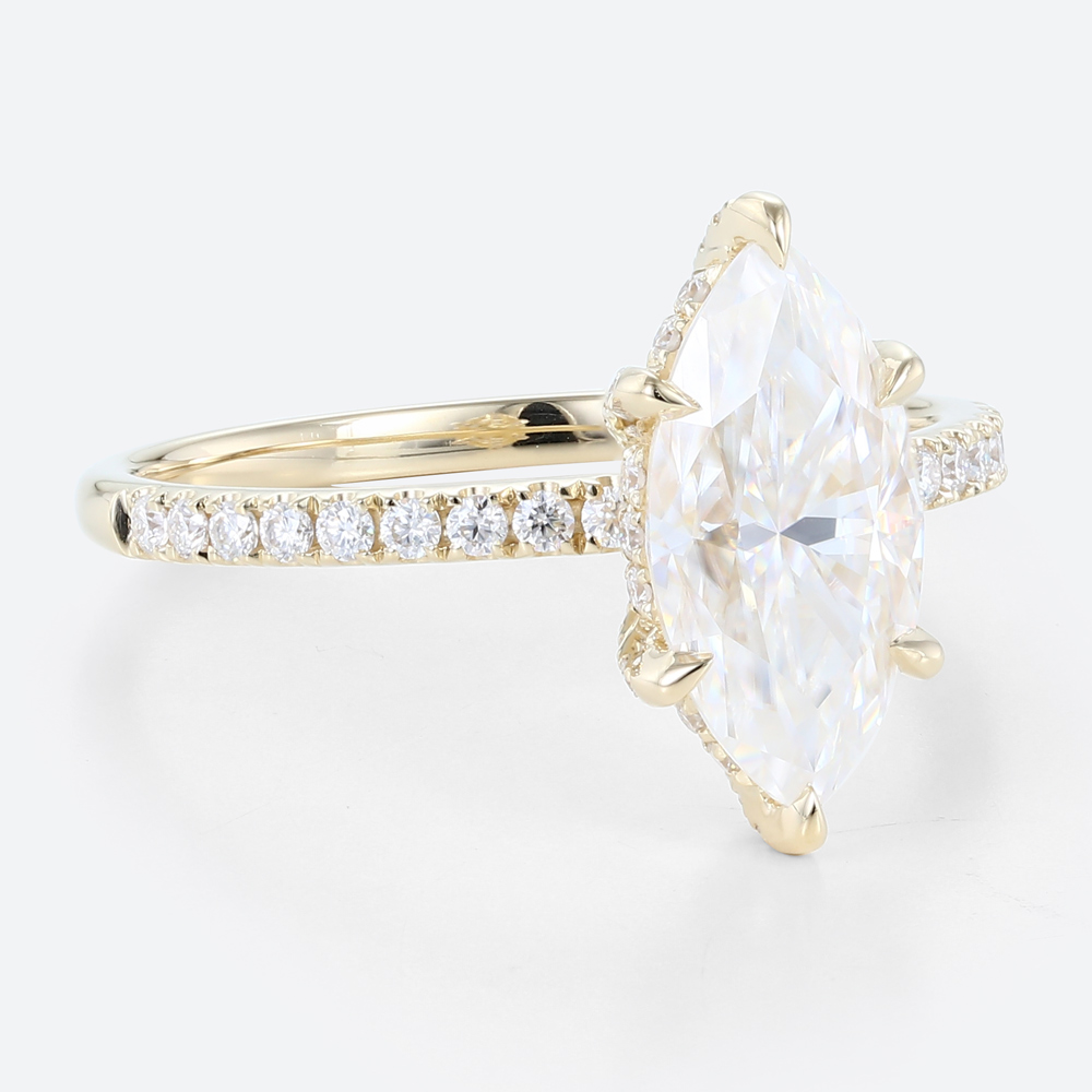 1.5ct Marquise Moissanite Ring Pavé Engagement Rings 6-Claw Prong in Yellow Gold