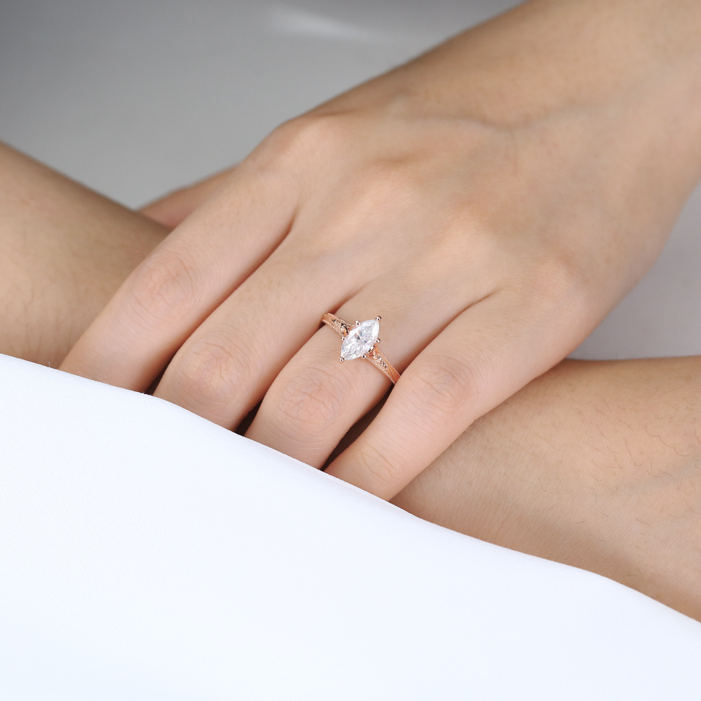 Solitaire 1ct Marquise Moissanite Promise Ring with Milgrain Detail in Rose Gold